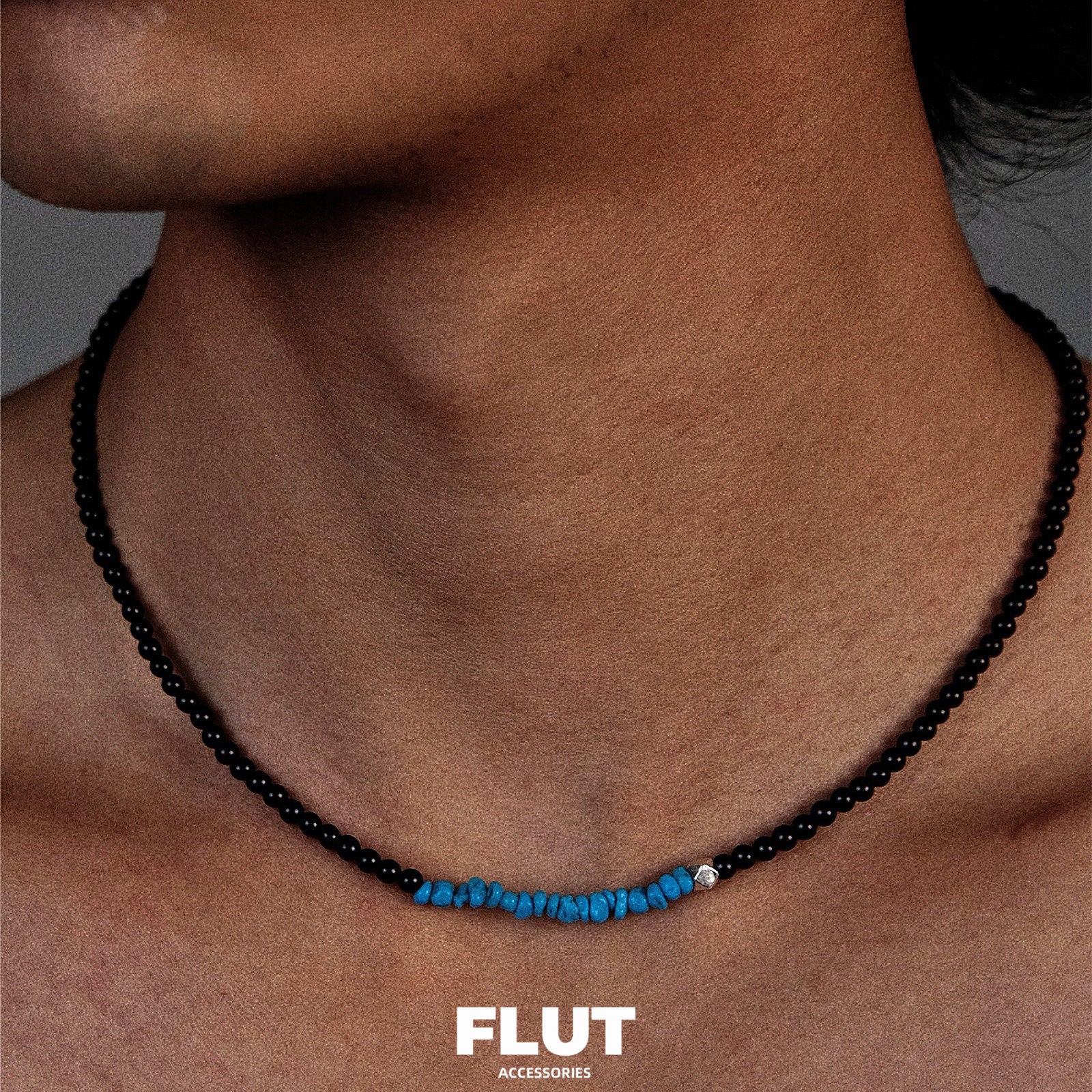 FLUT Sterling Silver Turquoise & Black Onyx Necklace 595