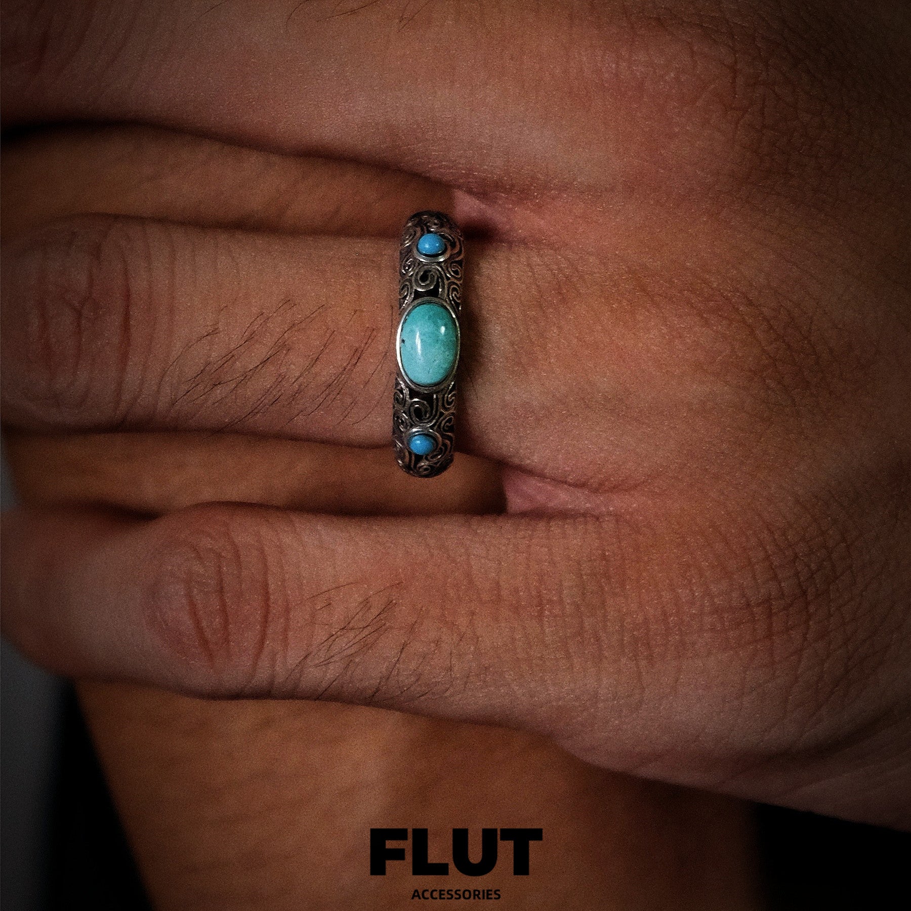 FLUT Turquoise Adjustable Ring in Sterling Silver with Vintage Finish 136 Secondary image