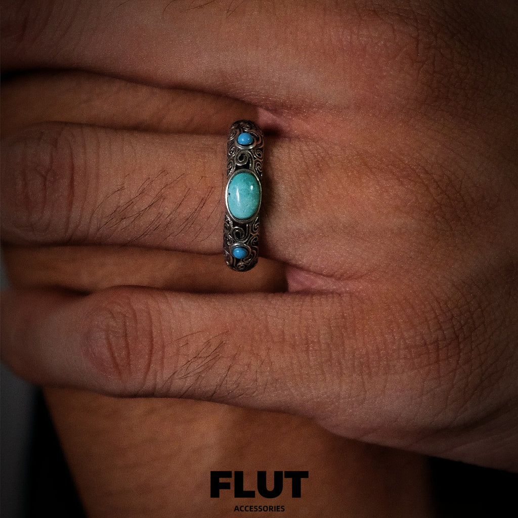 FLUT Turquoise Adjustable Ring in Sterling Silver with Vintage Finish 136
