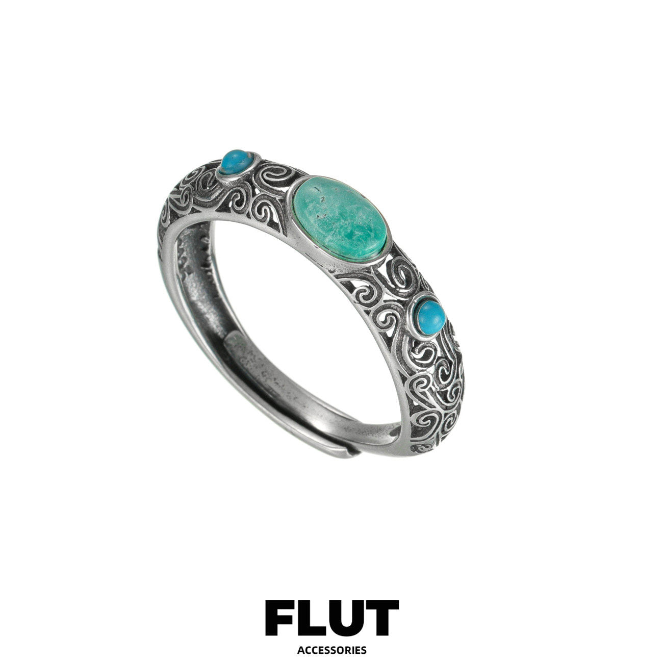 FLUT Turquoise Adjustable Ring in Sterling Silver with Vintage Finish 136